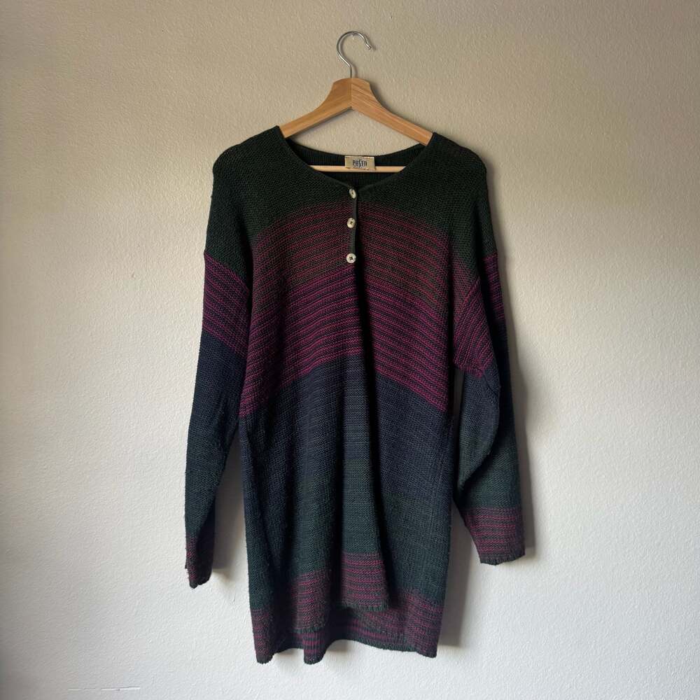 Vintage 80s Pasta Oversized Knit Sweater Tunic Colorblock Large